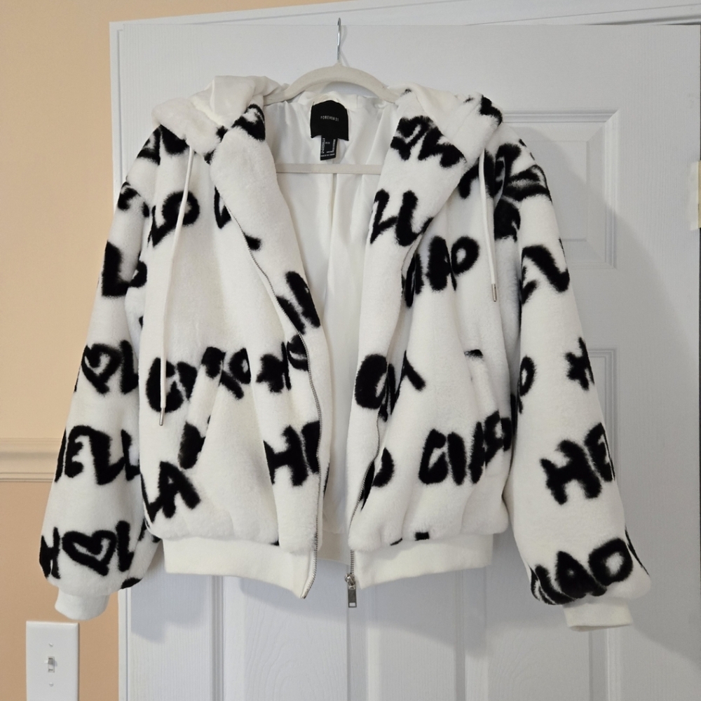 Forever 21 Black And White Women's Faux Fur Hello Graphic Bomber Hooded Jacket